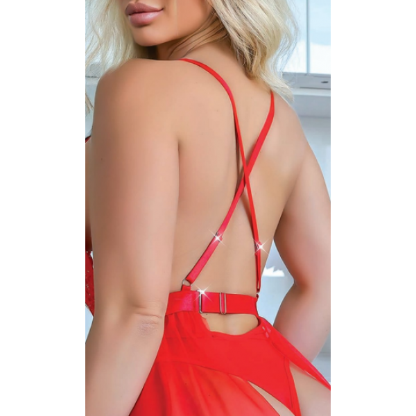 Gizemli Sexshop  Kırmızı Şık Dantel Işlemeli Seksi Askılı Slim Fit ÇORAPLI Jartiyer Takımı