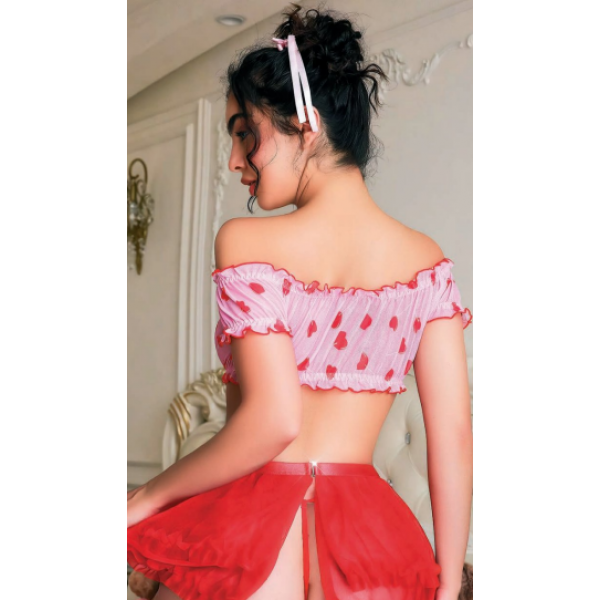 Gizemli Sexshop Seksi Kırmızı Kalp Desenli Şık Pembe  Fantezi Kostüm