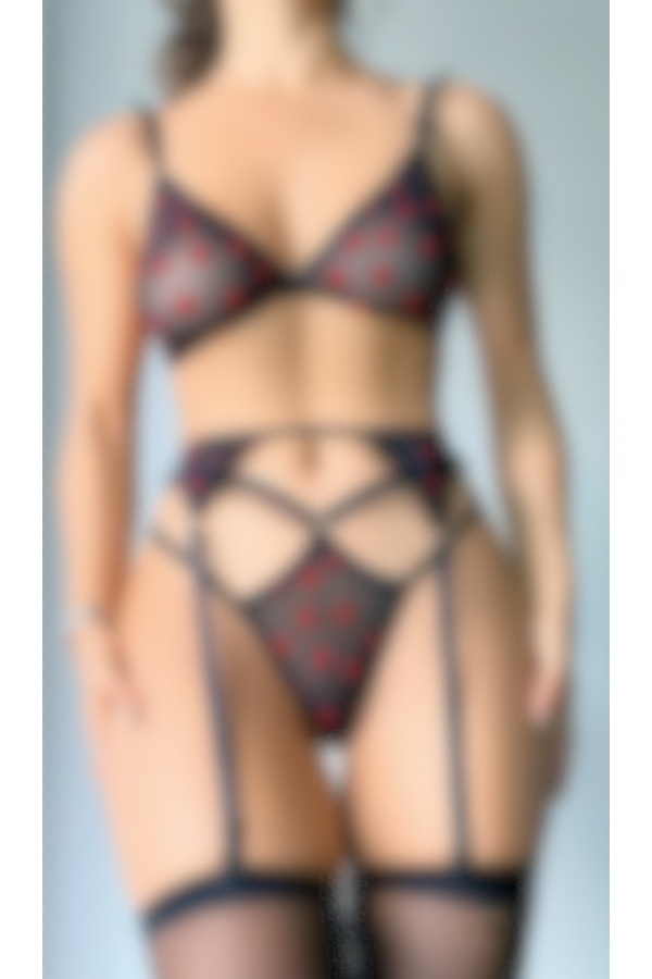Siyah Kalp Desenli Fantazi Jartiyer Takım